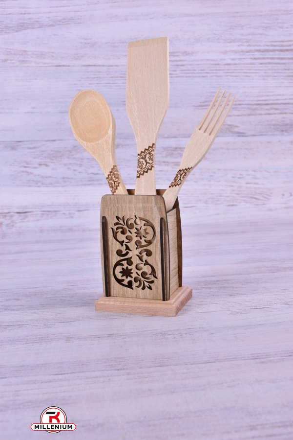 Кухонный деревянный набор (подставка, лопатка, ложка, вилка) арт.1058