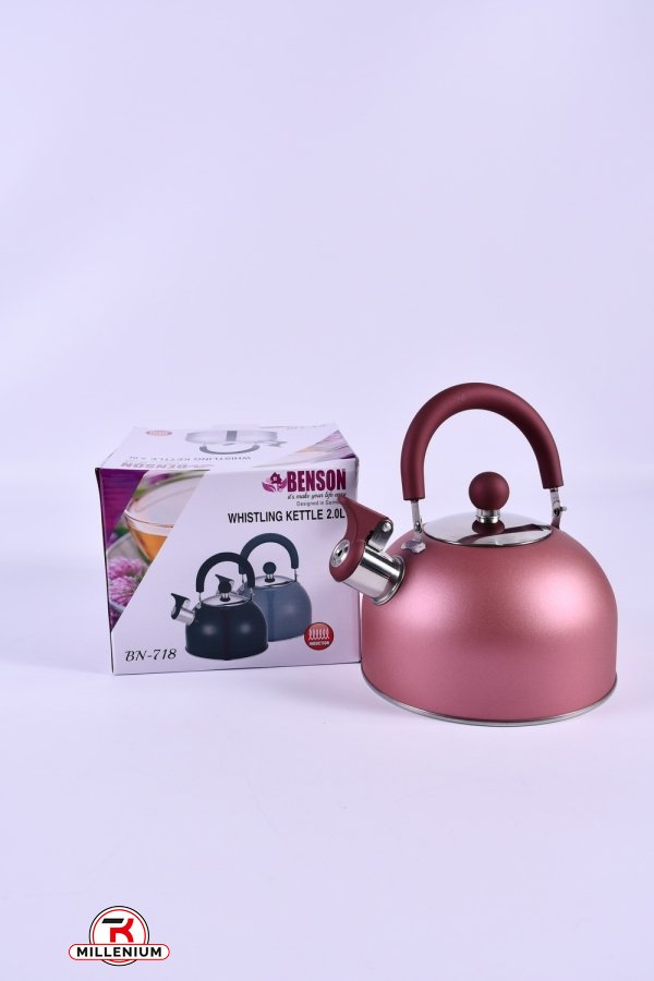 Чайник (цв. Рожевий) з нержавіючої сталі зі свистком (2л) "Benson" арт.BN-718