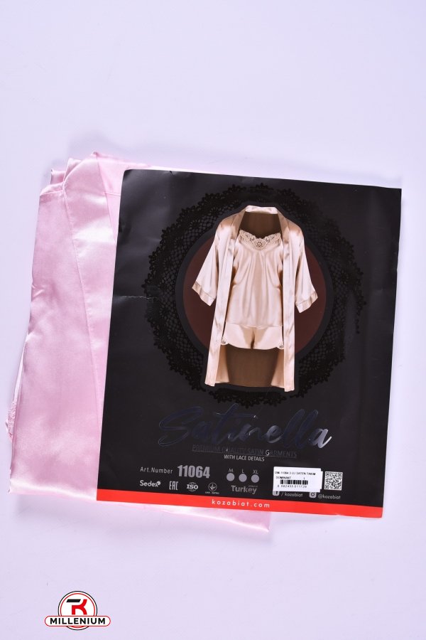 Комплект жіночий шовковий (кол. рожевий) (майка шорти халат) DEEP SLEEP Розміри в наявності : 44, 46 арт.11064