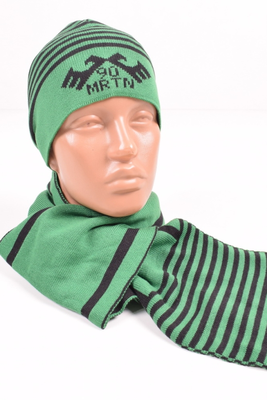 Шапка+шарф вязаный мужской (цв.чёрный/зелёный) MARATON (Acryl 50%,Cotton 50%) арт.615-TK