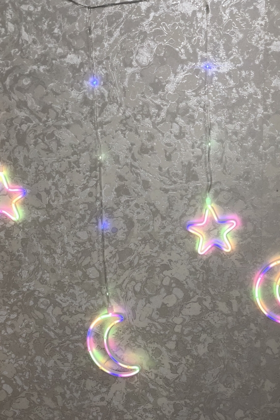 Гирлянда медный прозрачный провод "Штора "Звёзды и месяц" (цветные огни) 3,0/0,7м арт.COPPER-PARTS-9M-1