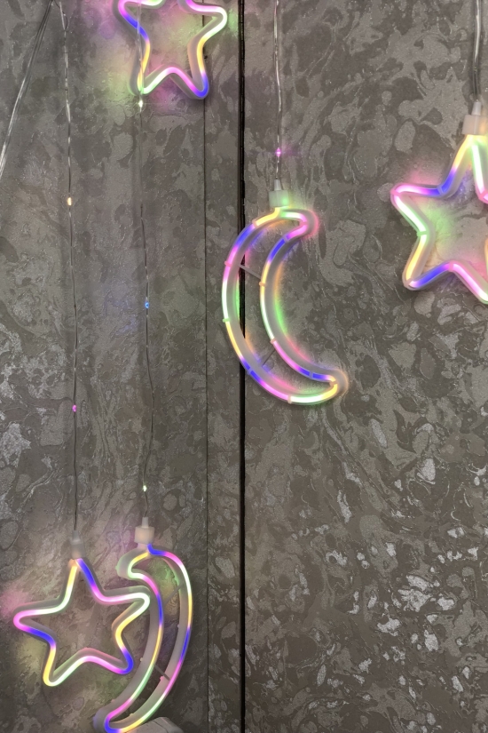 Гирлянда медный прозрачный провод "Штора "Звёзды и месяц" (цветные огни) 3,0/0,7м арт.COPPER-PARTS-9M-1