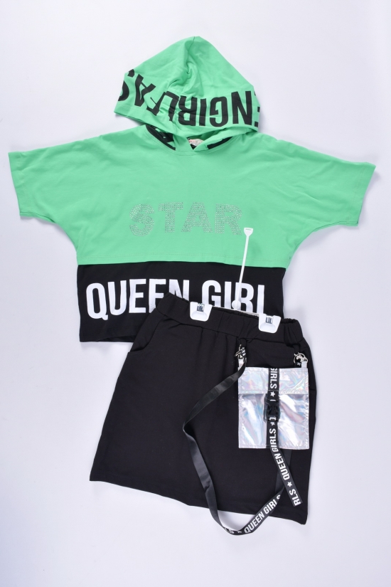 Костюм для девочки (цв.зеленый) футболка с капюшоном и юбка ) трикотажный "SMILE" Рост в наличии : 152 арт.5084