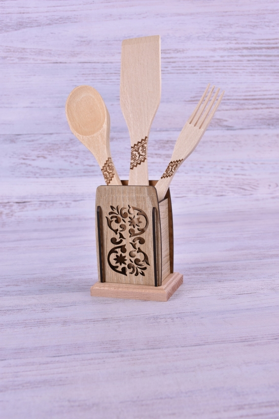 Кухонний дерев'яний набір (підставка, лопатка, ложка, виделка) арт.1058