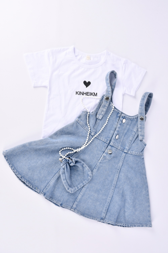Сарафан джинсовый + футболка для девочки с сумочкой Рост в наличии : 98, 104, 110, 116, 122, 134, 140 арт.X007